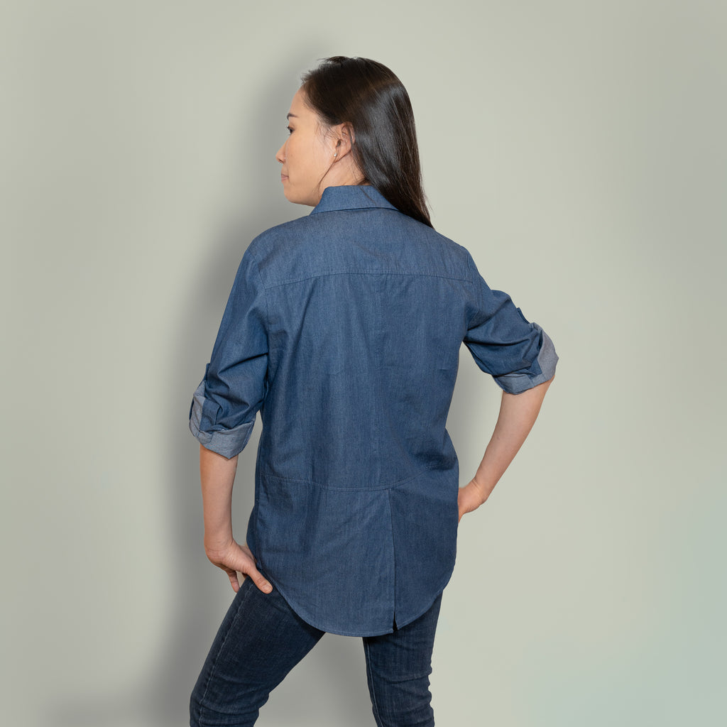 Women's chambray button down shirt with split back details, worn as rolled up sleeves, to match to kids' chambray shirt and dress, as well as men's button down chambray shirt. 