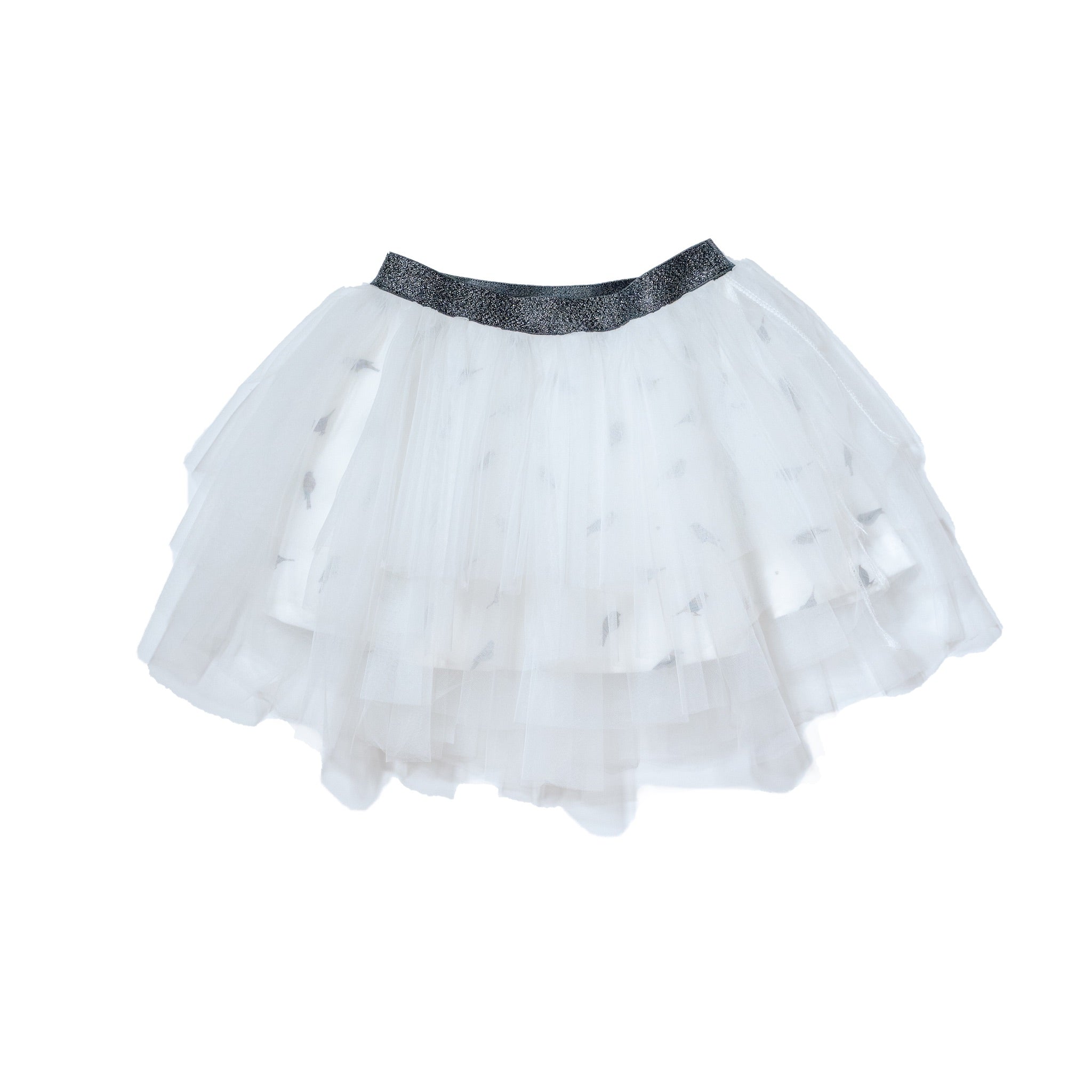 Solid tutu in white and printed birdie lining with metallic black waistband. Perfect bottom to our gender neutral printed tee to dress up and twin with siblings and rest of family by Anise & Ava. 