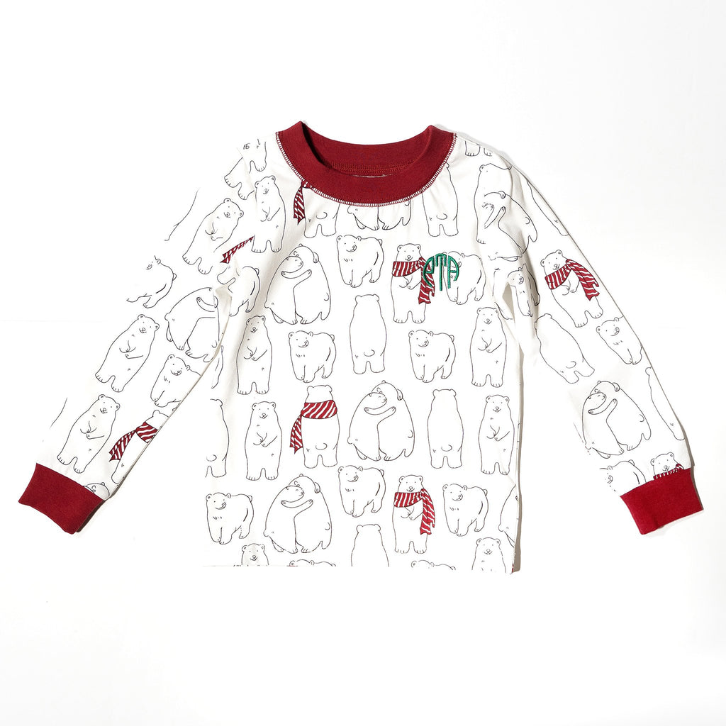Kids' PJ top in holiday Cozy Bear print for Mommy & Me, Daddy& Me, and siblings twinning for the perfect holiday family photo. 