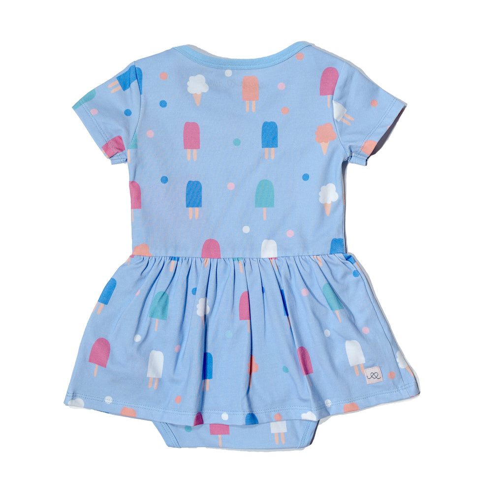 Sweets popsicle baby onesie dress, fun, colorful, gender neutral print to twin match with siblings and family by Anise & Ava.