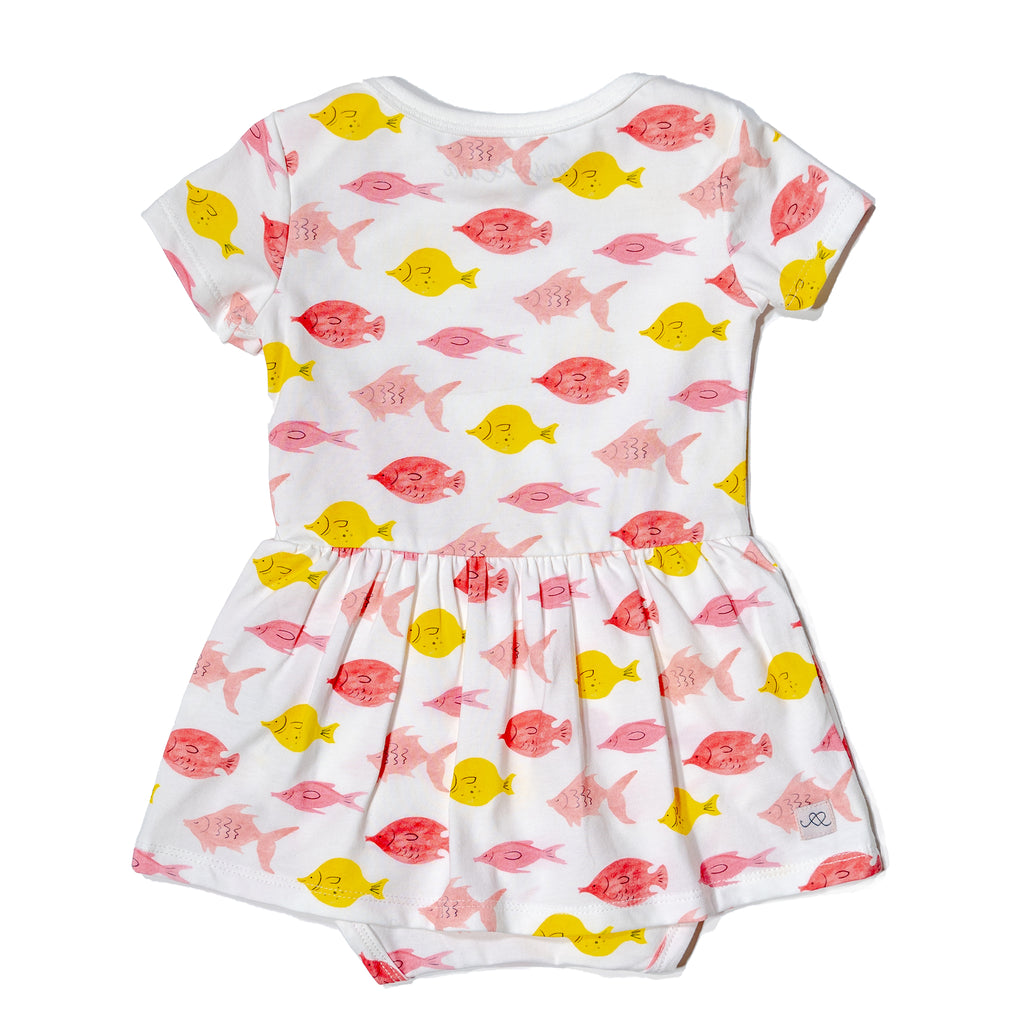 Fishes baby onesie dress, fun, colorful, gender neutral print to twin match with siblings and family by Anise & Ava.
