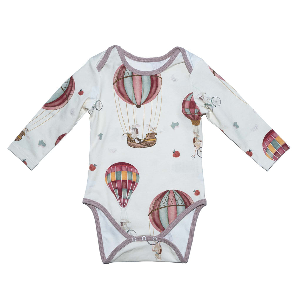 Anise & Ava printed long sleeves baby snap body onesie. Gender fluid printed hot air balloons for back to school. 