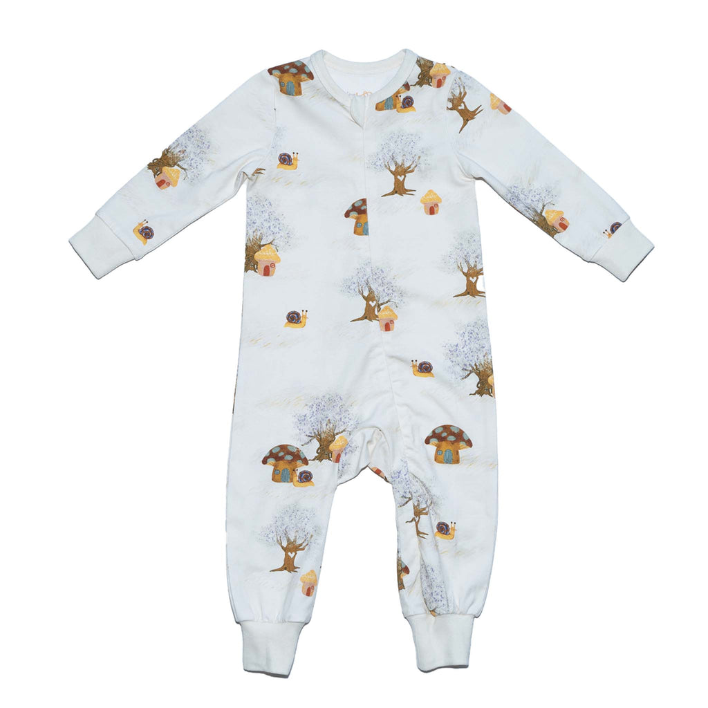 Anise & Ava's gender neutral  baby's zippy one piece  pajamas made with eco friendly hand drawn print in Magic Mushroom. Made with love and made to twin with siblings. 
