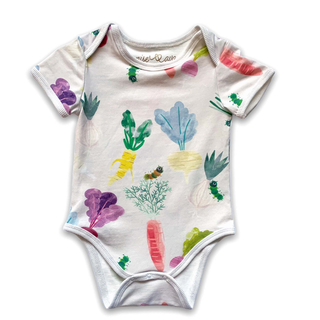 Anise & Ava genderless baby onesie body front in Happy Roots vegetables print with ribbing and envelop neck for easy wearing. 